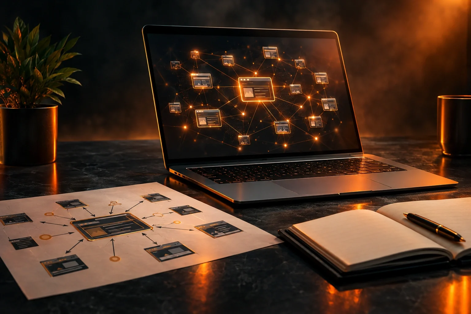 Laptop displaying a backlink campaign network diagram beside a notebook and server